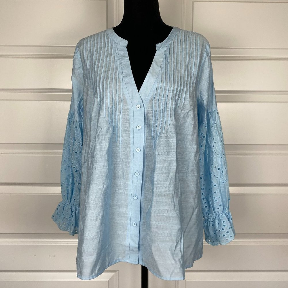 Long-sleeved Eyelet Top - Blue